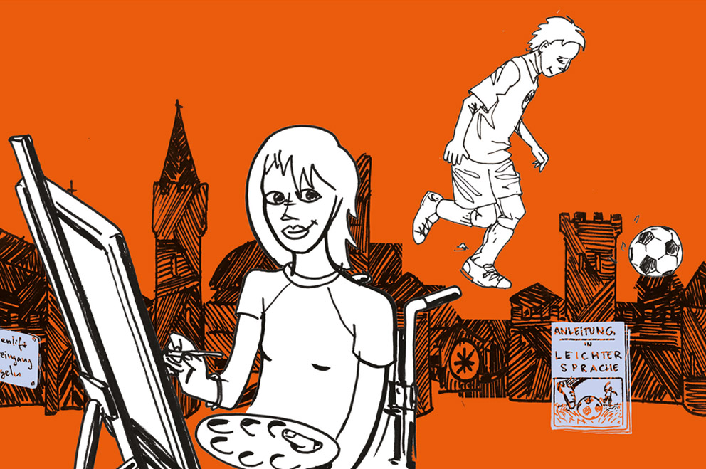Gezeichnete Grafik: Im Vordergrund sitzt ein junger Mensch im Rollstuhl und malt an einer Staffelei. Im Hintergrund spielt eine junge Person Fußball.