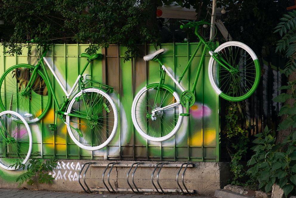 Grüne Fahrräder an einem Holzzaun